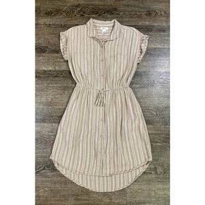 Japna Tan & Cream Collared Striped Button Down Short Sleeve Shirt Dress Sz S